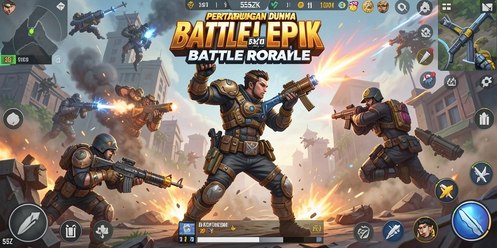 Gameplay 555ZK yang seru dan menegangkan di medan perang Battle Royale.