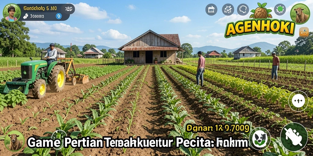 Tampilan gameplay AGENHOKI yang menampilkan kebun yang rimbun dan hewan ternak.
