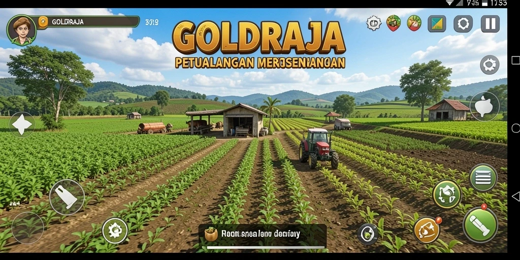 Tampilan screenshot game GOLDRAJA saat bertani dengan dekorasi yang indah.