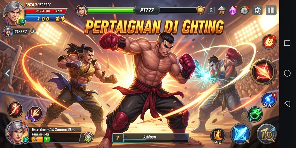 Screenshot utama PT777 menampilkan aksi pertarungan yang intens dan dinamis.